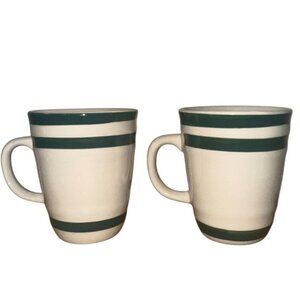 Set Of 2 Gibson Everyday Cream Ceramic Mugs With Green Stripe Pattern
